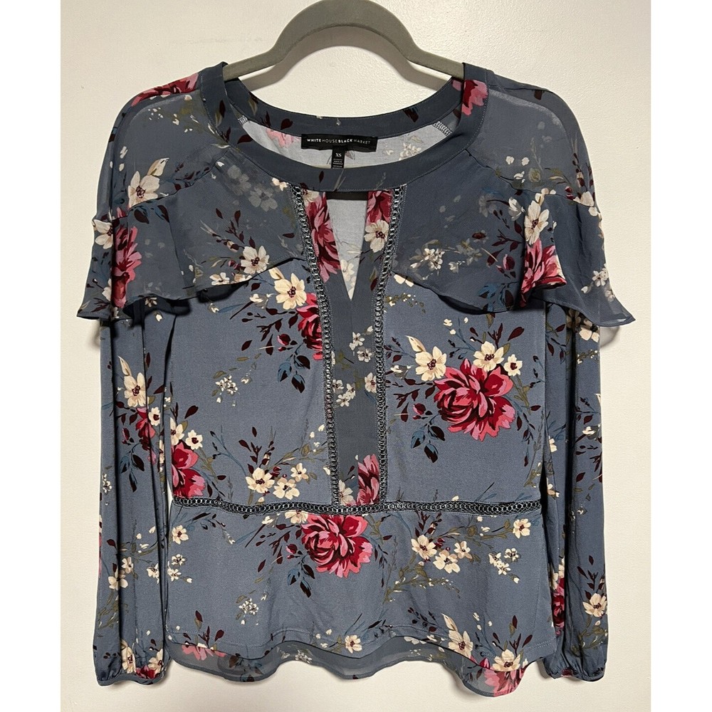 White House Black Market Floral Ruffle Blouse Long Sleeve Sz XS Career Casual